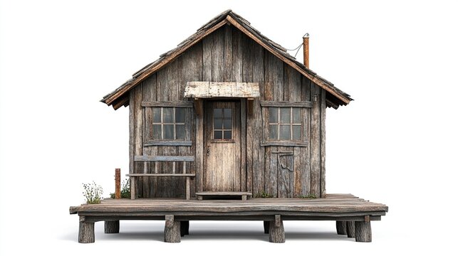 Weathered wooden shack on raised platform, showing age & decay; single door, two windows, small porch, & simple bench.  Isolated on white