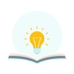 Bright Yellow Light Bulb Illuminating Open Book for Ideas and Knowledge