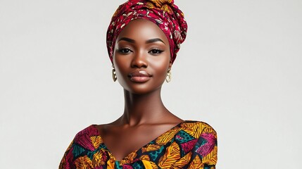 A Black woman with dark brown skin and a neutral expression looks directly at the camera. She is wearing a red and gold patterned headscarf, gold hoop 