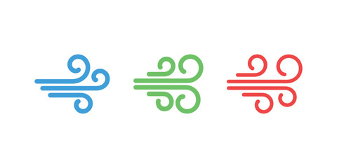 Three Isolated Wind Stream Icons in Blue, Green, and Red on White Background