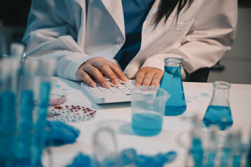 Research, experiment and medical trial being done by a scientist in a lab, science facility or...
