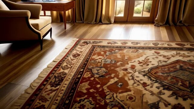 Vintage oriental rug with floral patterns and fringe edges on a light hardwood floor near curtains and sunlight coming through doors.