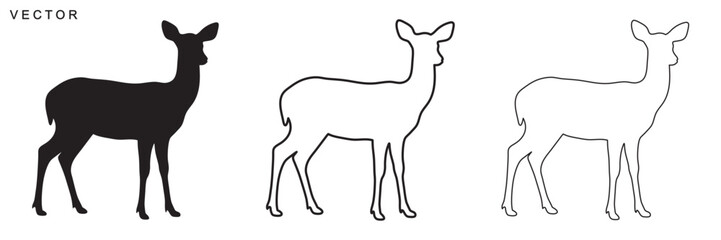 Obraz premium deer silhouette, deer outline, line art vector illustration on white background