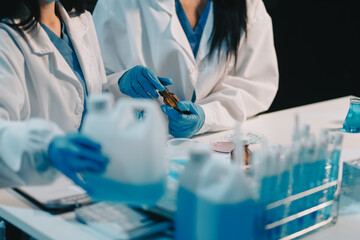 Research, experiment and medical trial being done by a scientist in a lab, science facility or...