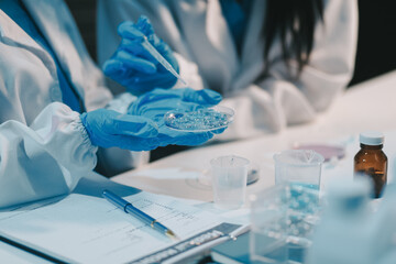 Research, experiment and medical trial being done by a scientist in a lab, science facility or...