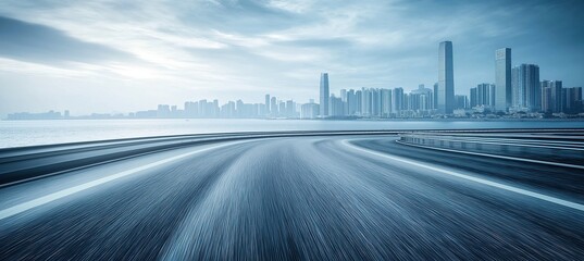 Dynamic Motion Blur on Coastal Highway: Blue-Toned Urban Skyline with Wide-Angle Perspective, Featuring High-Speed Car Driving Through Modern Cityscape