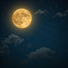 Naklejka premium Luminous Full Moon in a Starry Night Sky with Wispy Clouds and Deep Blue Hues