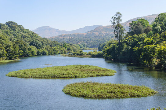 Serene landscape with a Arthur lake at Bhandardara, Maharashtra, India.