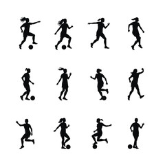 Female soccer players silhouettes action poses ball sports