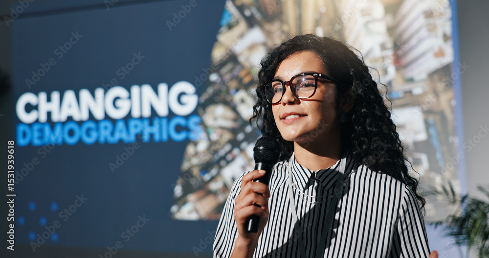 Poster convention, speech and business woman with microphone for demographic, training or forum. conference