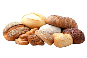 Assorted artisan bread varieties – ultra-high-resolution transparent PNG cutout featuring crusty baguette, sourdough boule, ciabatta, whole-grain loaf and rye slice, perfect for bakery menu layouts