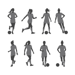 Eight female soccer player silhouettes action poses