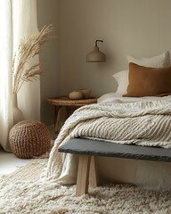 Stone and skin calm zone featuring slate bench, soft sheepskin rug, and matte clay bedside lamp Raw Soft Contrast Interior Natural Texture Balance Bedroom