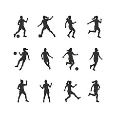 Twelve female soccer player silhouettes action poses