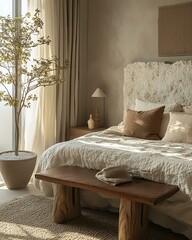 Stone and skin calm zone styled with hand-chiseled stone headboard, buttery leather bench, and gravel planter Raw Soft Contrast Interior Natural Texture Balance Bedroom