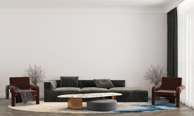 Home and decoration and modern living room interior design and cozy sofa set mockup on empty white wall pattern background and plants decor
