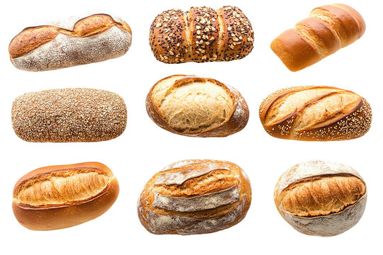 Assorted artisan bread varieties – ultra-high-resolution transparent PNG cutout featuring crusty baguette, sourdough boule, ciabatta, whole-grain loaf and rye slice, perfect for bakery menu layouts