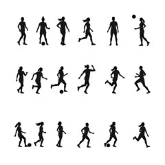 Diverse silhouettes of female and male soccer players in action