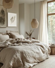Stone and skin calm zone with sculptural rock decor, earth-toned bedding, and raw linen curtain Raw Soft Contrast Interior Natural Texture Balance Bedroom