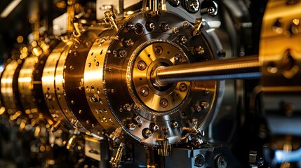 Fototapeta premium Close-up view of intricate gold and metal machinery components.