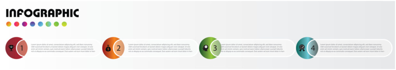 Minimal and modern infographic timeline with four circular steps in vibrant colors, perfect for business planning, data presentation, workflow, or process visualization.
