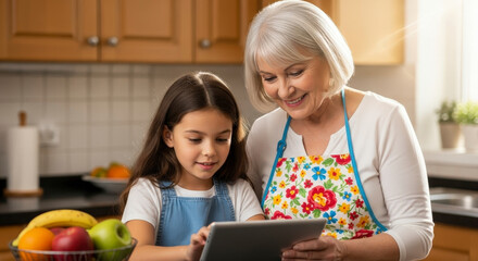 Grandmother And Granddaughter Looking At Tablet In A Kitchen Setting With Bright Lighting A Bowl Of Fruits And A Floral Apron