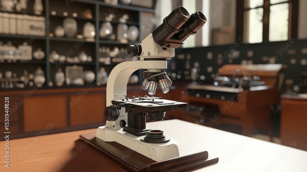 Poster close-up view of modern microscope in scientific laboratory setting with soft focus background, high