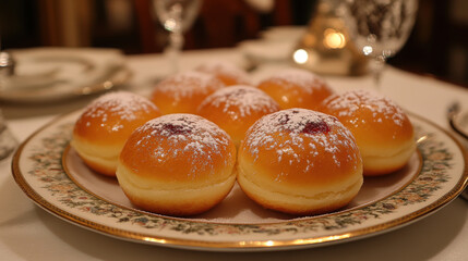Plate of delicious, powdered sugar topped jelly filled doughnuts is elegantly arranged on decorative plate, creating tempting and inviting dessert display