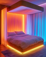 Climate emotion room with color-changing LED panels, linen duvet, and temperature-sensing curtains Responsive Seasonal Interior Design Mood Adaptive Wellness Space