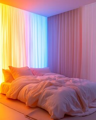 Climate emotion room with color-changing LED panels, linen duvet, and temperature-sensing curtains Responsive Seasonal Interior Design Mood Adaptive Wellness Space