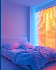 Climate emotion room with color-changing LED panels, linen duvet, and temperature-sensing curtains Responsive Seasonal Interior Design Mood Adaptive Wellness Space