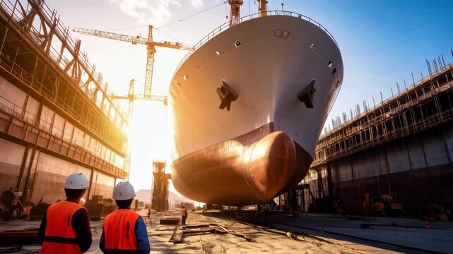 Large cargo ship in dry dock under construction with workers wearing safety helmets and vests at shipyard on sunny day
