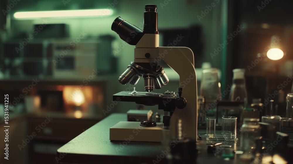 Poster close-up view of modern microscope in scientific laboratory setting with soft focus background, high