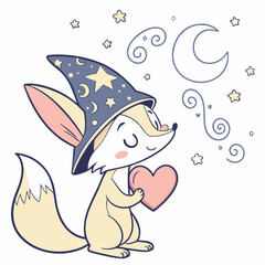Cheerful Fennec fox illustration Starry night SVG (holding a heart)