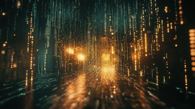 Falling streams of glowing code resembling digital rain