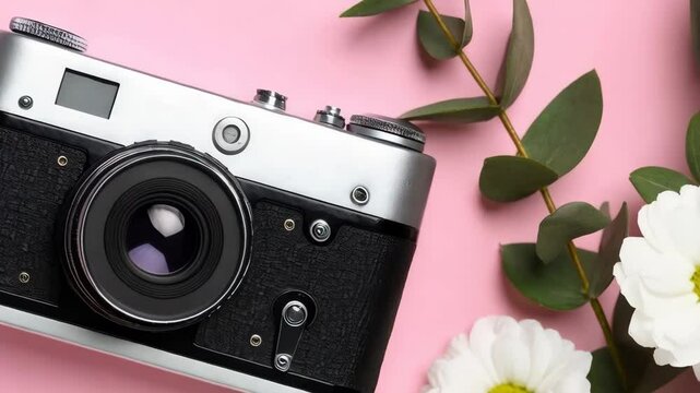 Classic rangefinder camera on pink background with white daisy and eucalyptus leaves, vintage style photography equipment, creative flat lay