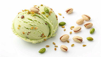 A scoop of light green pistachio ice cream, a delicious and nutty indulgence, on a clean surface.