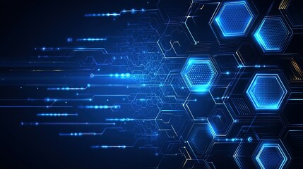 Abstract blue tech background with hexagons and glowing lights, futuristic design featuring copy space for data science and AI concepts, high-quality minimalist style for digital projects or web templ