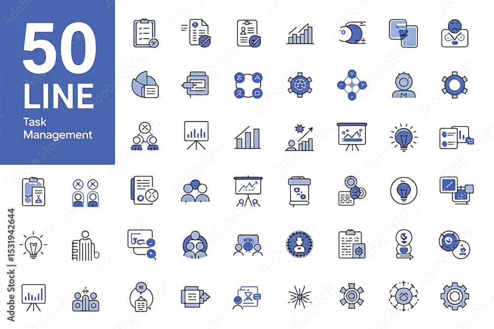 Poster editable task management icon set 50 line icons for projects