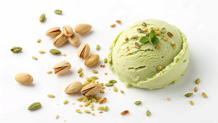 Gourmet pistachio ice cream, a delightful frozen dessert, surrounded by its namesake nuts.