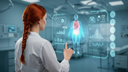 Female doctor interacting with a holographic medical display - Powered by Adobe