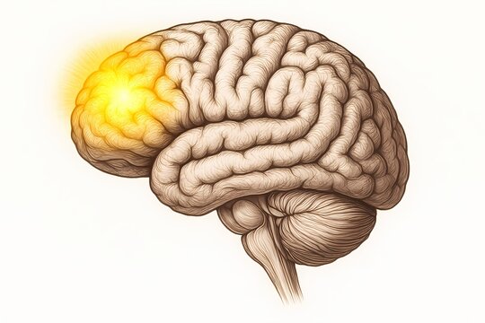 Medical illustration of prefrontal cortex activation in the human brain, involved in decision-making, planning, attention, and executive function. Suitable for neuroscience, psychology, and education.