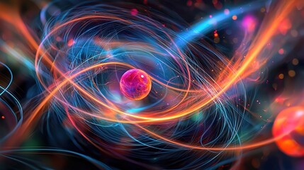 A vibrant digital illustration of an atom with glowing electrons orbiting a nucleus, showcasing energy and particle motion in a dynamic, colorful style.
