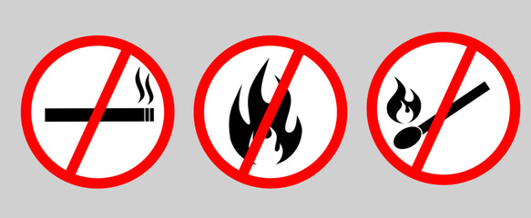 no smoking sign, No smoking, forbidden no smoking and no open fire burning red sign. No open flame sign symbol.