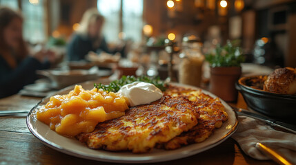 Plate of delicious potato pancakes served with applesauce and sour cream is set on rustic wooden table in cozy, warmly lit dining setting