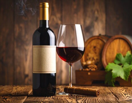 bottle of wine, glass and a cigar with matches; vintage still life in the theme retro style