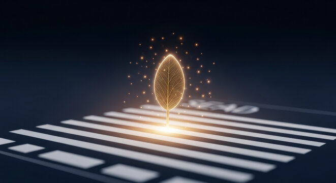 Golden Leaf Glowing Above Barcode Representing Digital Technology and Information on Dark Background - Powered by Adobe