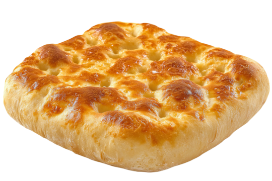 Golden-crust artisan Italian focaccia bread with rosemary and sea salt, ultra-high-resolution PNG cutout on transparent background ideal for bakery menus, packaging mock-ups and food blogs