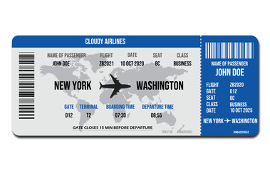 Realistic airline ticket design with necessary fields and passenger name. Vector illustration