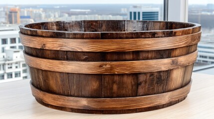 Wooden Barrel on Table with City View Ideal for Display